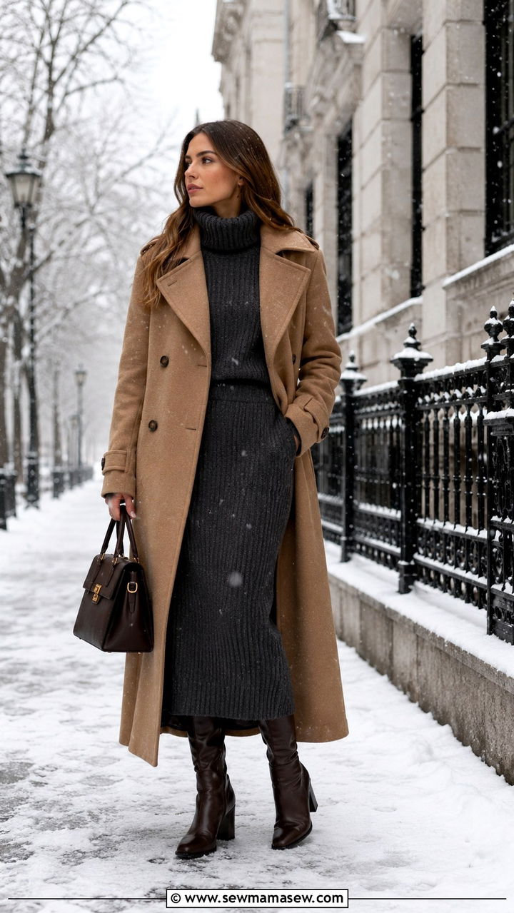 Long Trench Coat Outfit With Knit Midi Skirt - 30 Long trench coat outfit ideas with a skirt