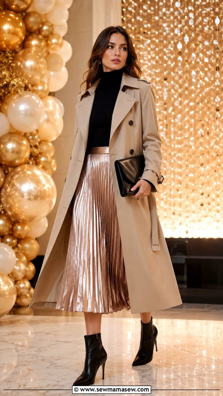 Long Trench Coat Outfit With Metallic Pleated Skirt - 30 Long trench coat outfit ideas with a skirt