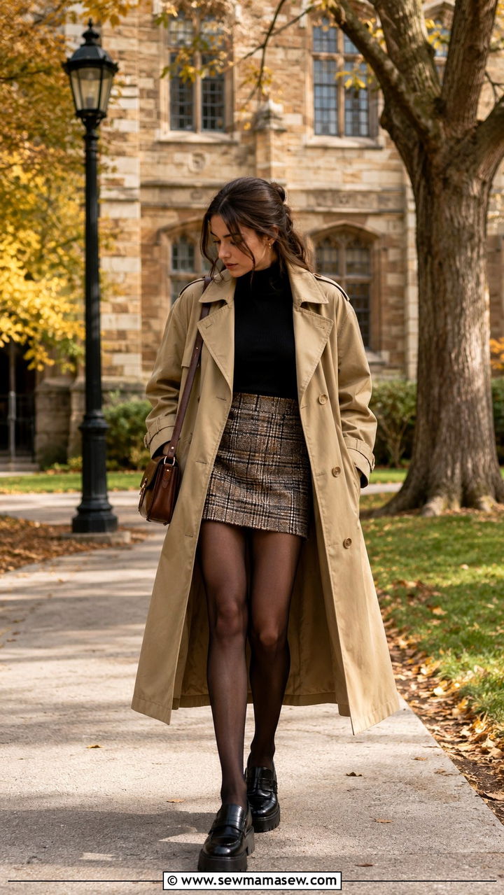 Long Trench Coat Outfit With Plaid Mini Skirt - 30 Long trench coat outfit ideas with a skirt