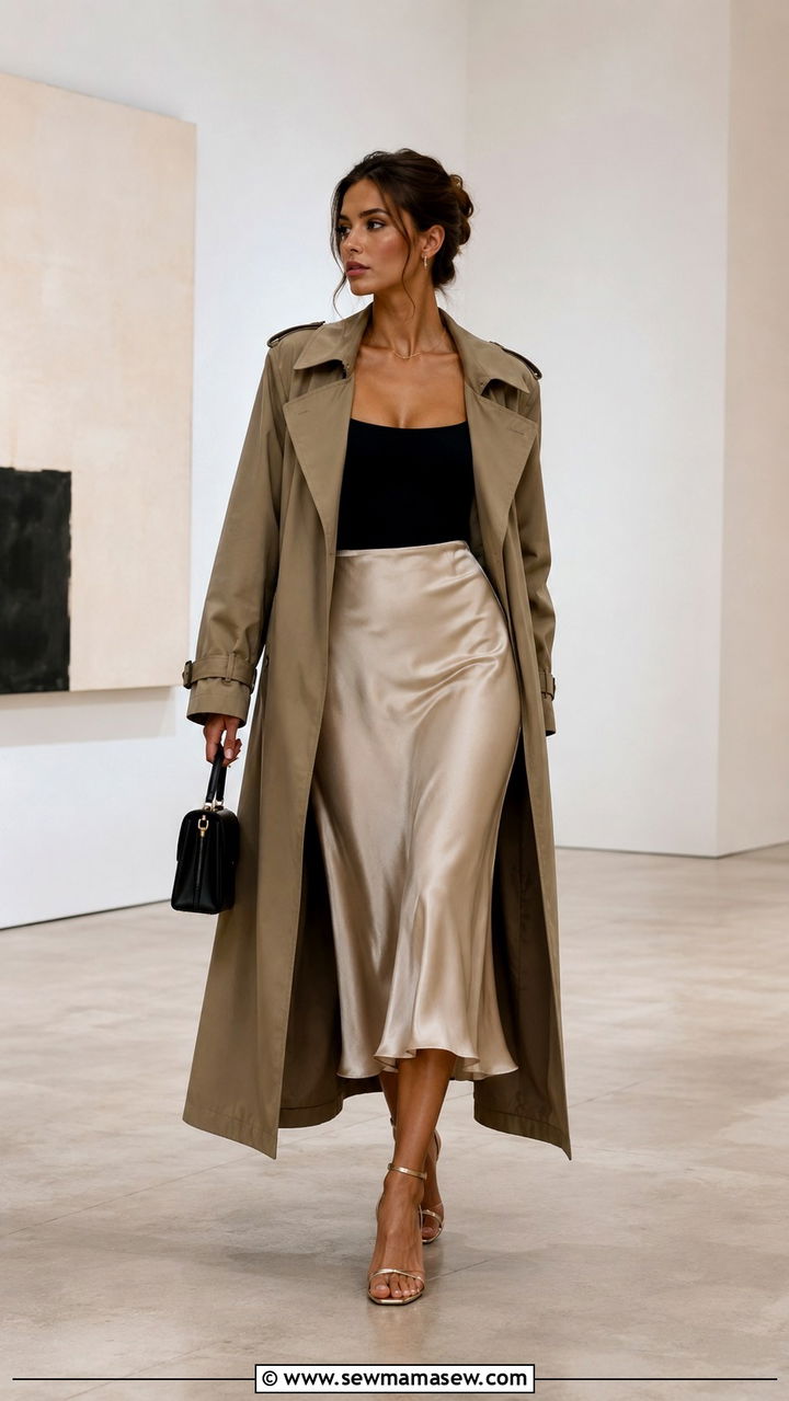 Long Trench Coat Outfit With Satin Midi Skirt - 30 Long trench coat outfit ideas with a skirt