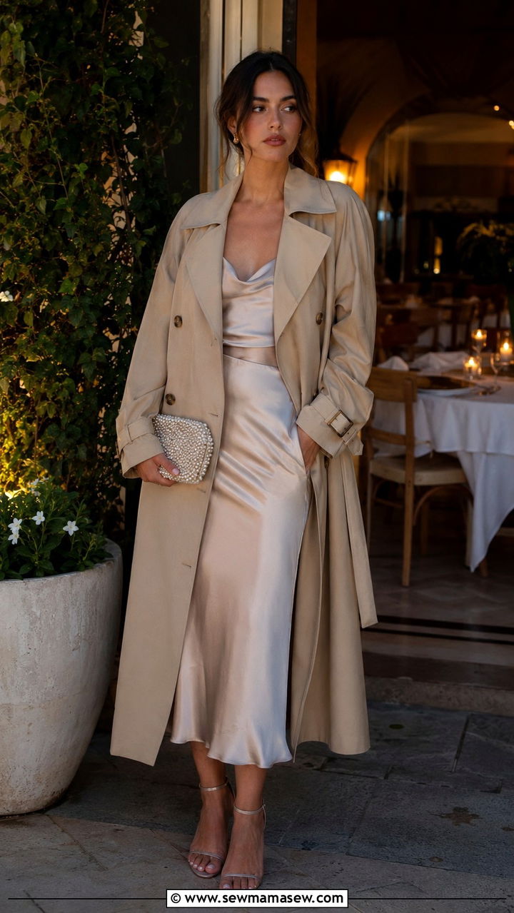 Long Trench Coat Outfit With Satin Slip Skirt - 30 Long trench coat outfit ideas with a skirt