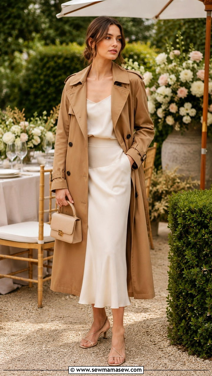 Long Trench Coat Outfit With Silk Midi Skirt - 30 Long trench coat outfit ideas with a skirt