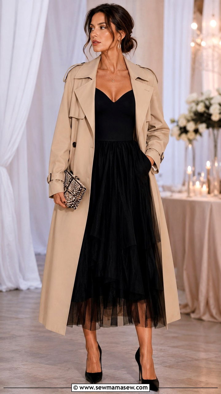 Long Trench Coat Outfit With Tulle Midi Skirt - 30 Long trench coat outfit ideas with a skirt
