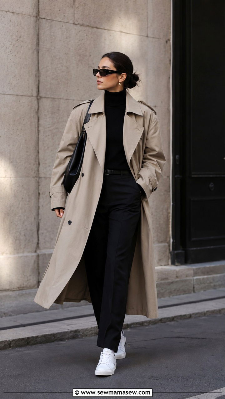 Long Trench Coat Over All Black Base And White Sneakers - 30 casual edgy outfits