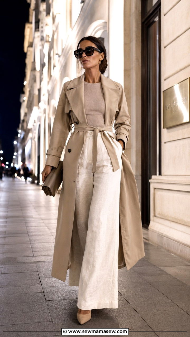 Long Trench Coat Wide Leg Linen Pants Outfit - 25 Wide leg linen pants outfit ideas with a trench coat