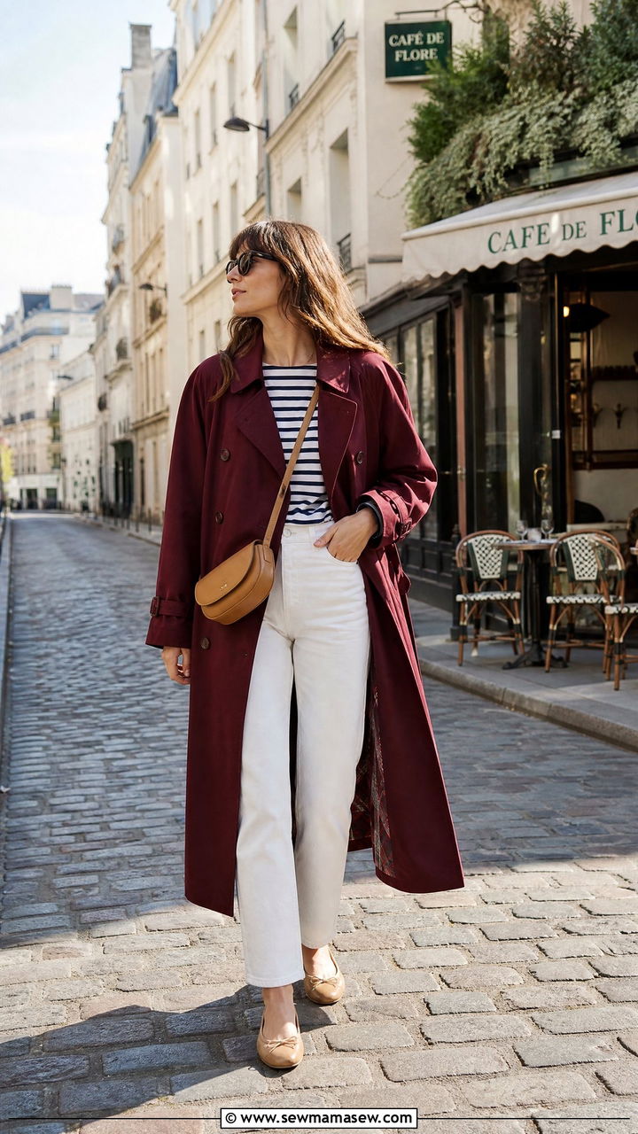 Long Trench Coat With A Striped Breton Top - 30 Long trench coat outfit ideas for spring