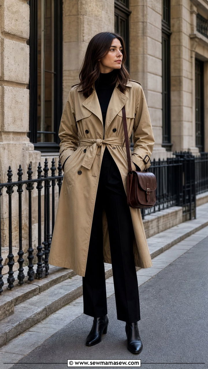 Long Trench Coat With Ankle Boots And Satchel - 25 dark academia outfits aesthetic