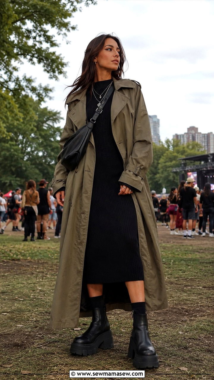Long Trench Coat With Chunky Platform Boots - 30 Long trench coat outfit ideas with boots