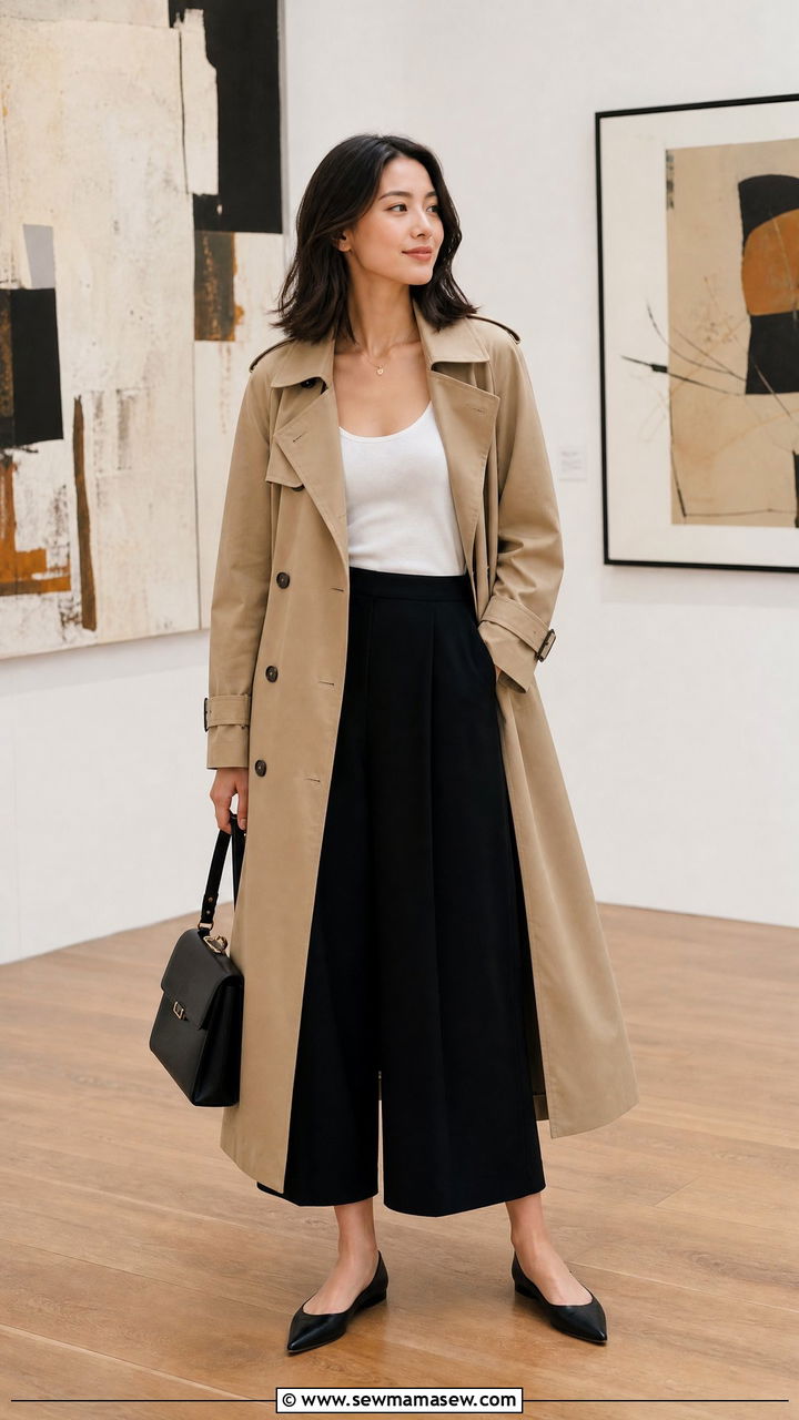 Long Trench Coat With Culottes - 30 Long trench coat outfit ideas for spring