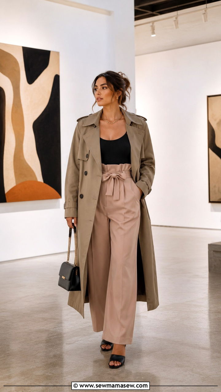 Long Trench Coat With Paperbag Waist Wide Leg Pants - 30 Long trench coat outfit ideas with wide leg pants