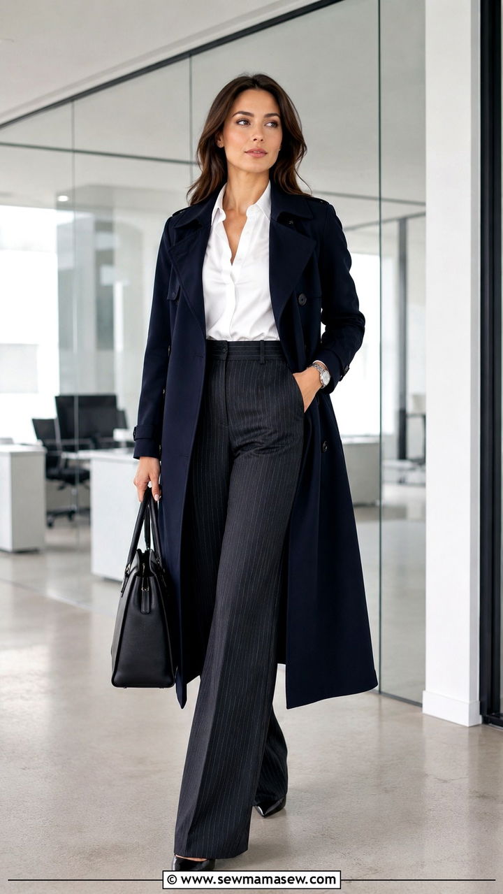 Long Trench Coat With Pinstripe Wide Leg Trousers - 30 Long trench coat outfit ideas with wide leg pants