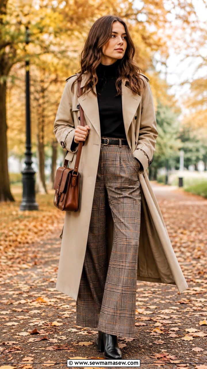 Long Trench Coat With Plaid Wide Leg Trousers - 30 Long trench coat outfit ideas with wide leg pants