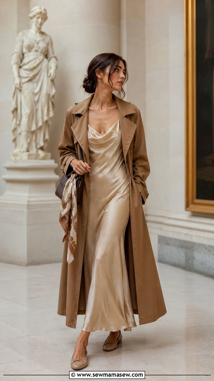 Long Trench Coat With Slip Dress and Ballet Flats - 20 Poetcore outfit ideas Dead Poets Society vibe
