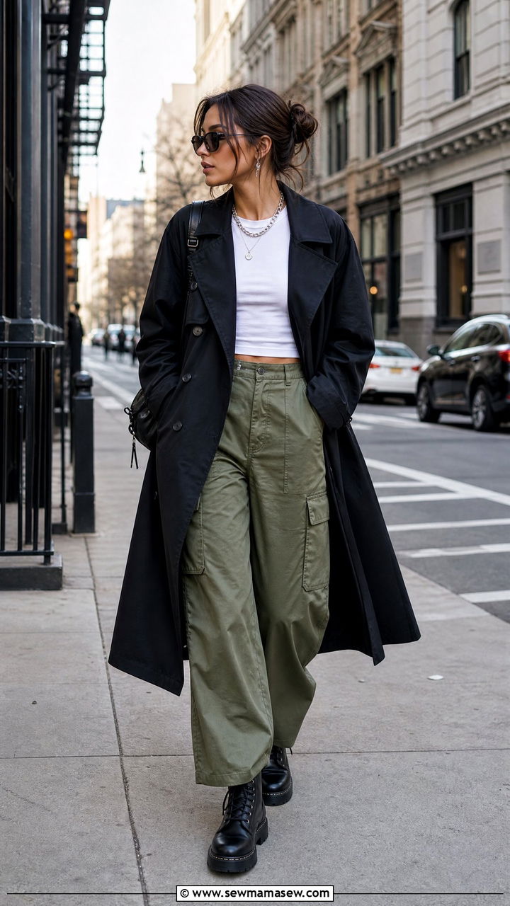 Long Trench Coat With Wide Leg Cargo Pants And Combat Boots - 30 Long trench coat outfit ideas with wide leg pants