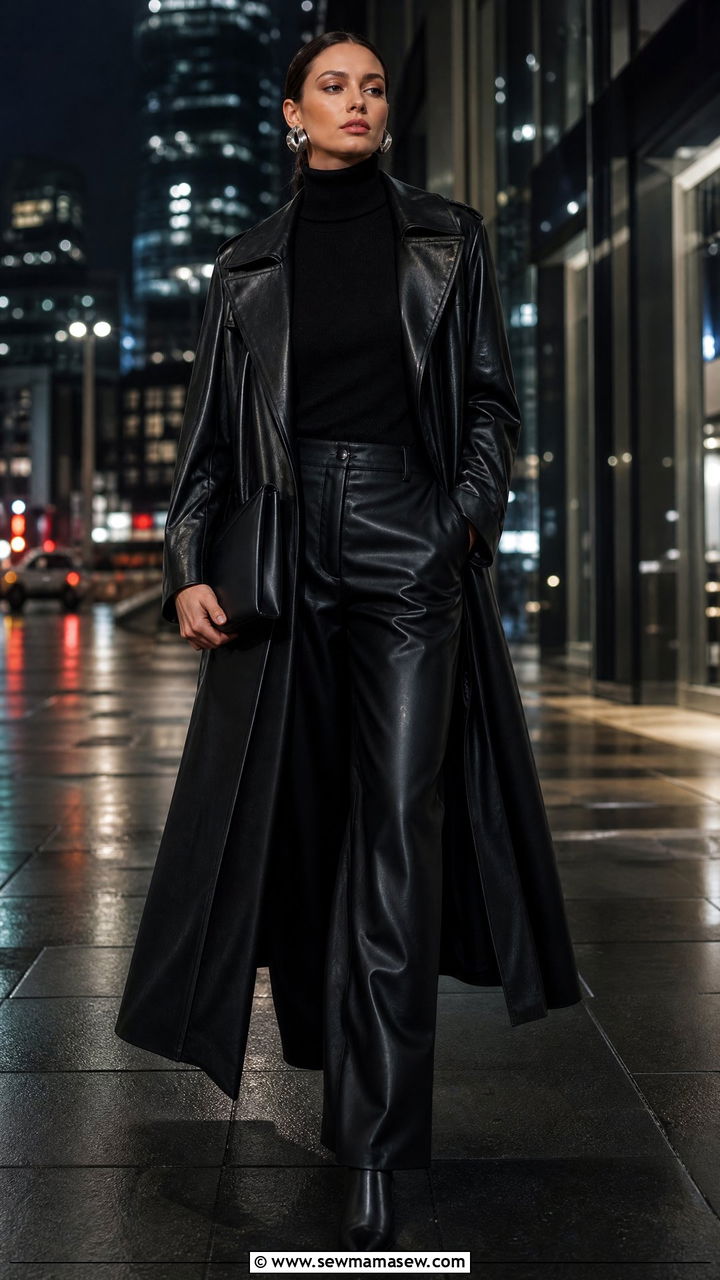 Long Trench Coat With Wide Leg Leather Pants - 30 Long trench coat outfit ideas with wide leg pants