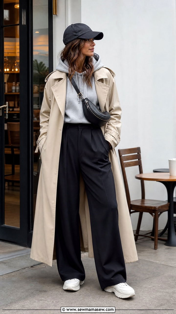 Long Trench Coat With Wide Leg Pants And A Hoodie - 30 Long trench coat outfit ideas with wide leg pants