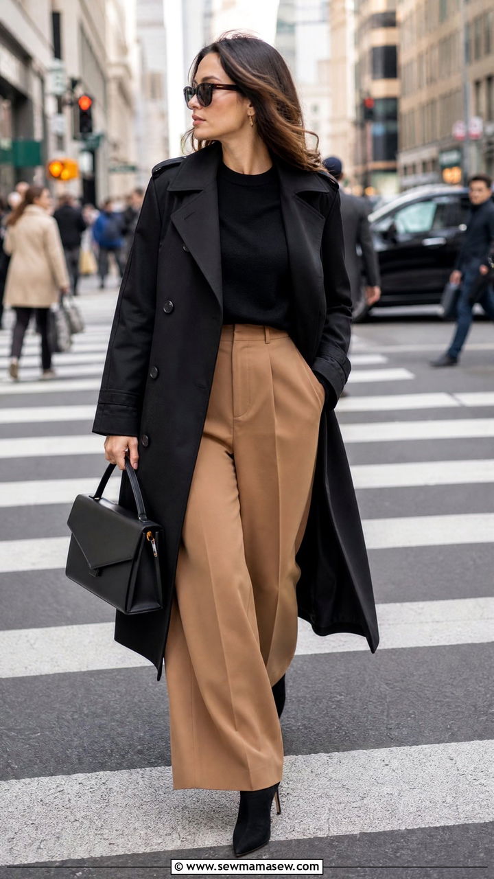 Long Trench Coat With Wide Leg Pants And Ankle Boots - 30 Long trench coat outfit ideas with wide leg pants