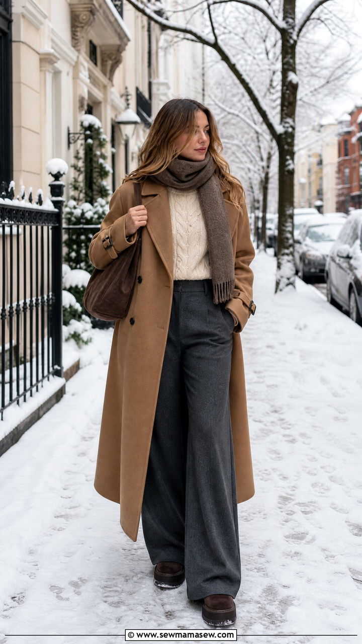 Long Trench Coat With Wide Leg Pants And Chunky Knit Sweater - 30 Long trench coat outfit ideas with wide leg pants