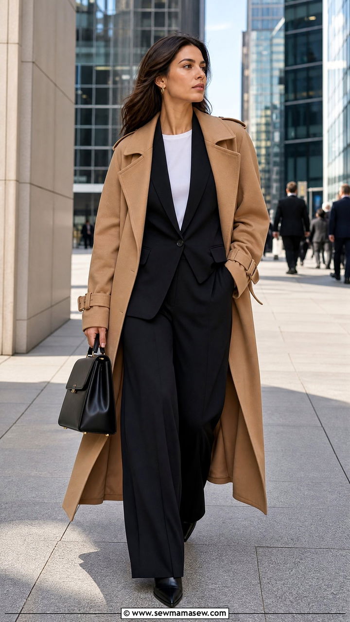 Long Trench Coat With Wide Leg Trousers And A Layered Blazer - 30 Long trench coat outfit ideas with wide leg pants