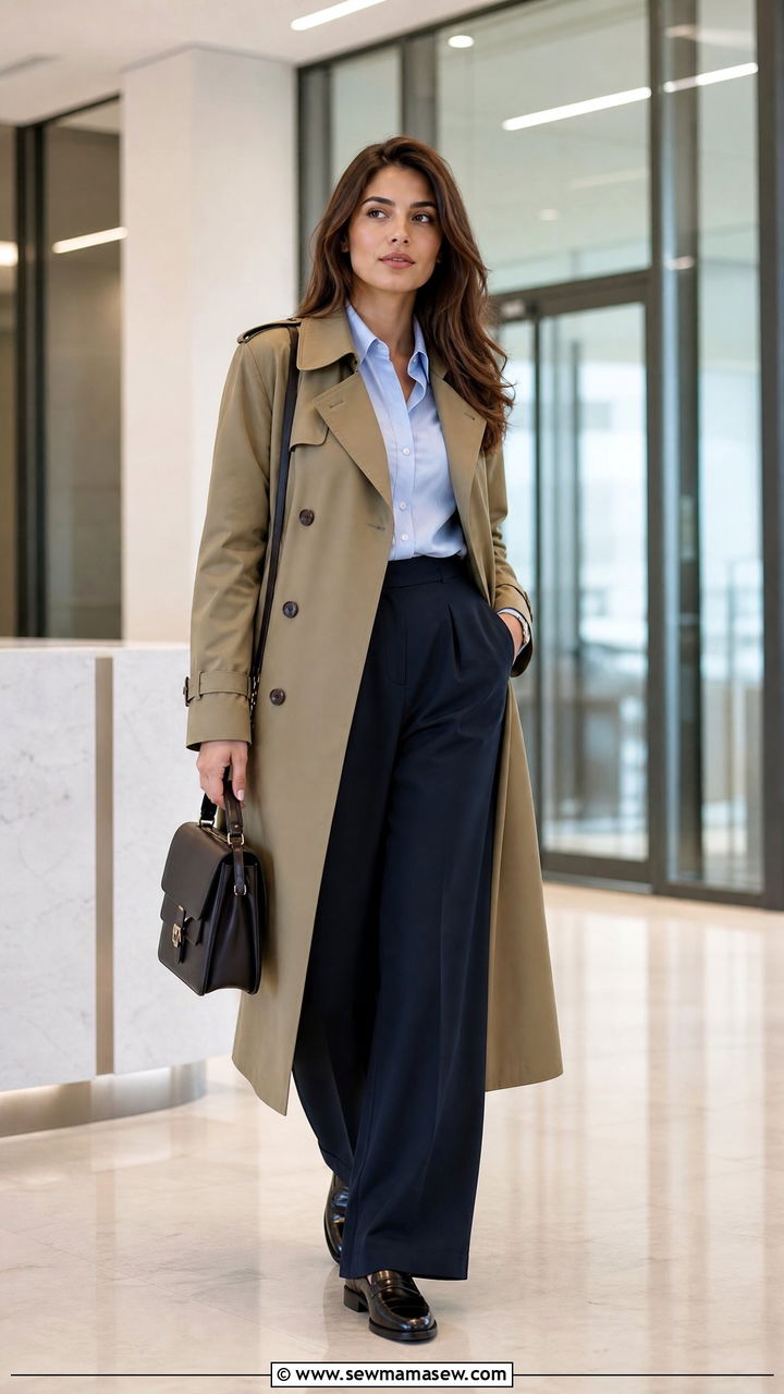 Long Trench Coat With Wide Leg Trousers And Button Down Shirt - 30 Long trench coat outfit ideas with wide leg pants