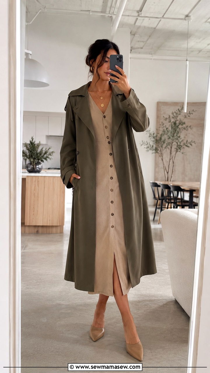 Long Trench Coat with Button Front Midi Dress and Mules - 30 Long trench coat outfit ideas with a dress