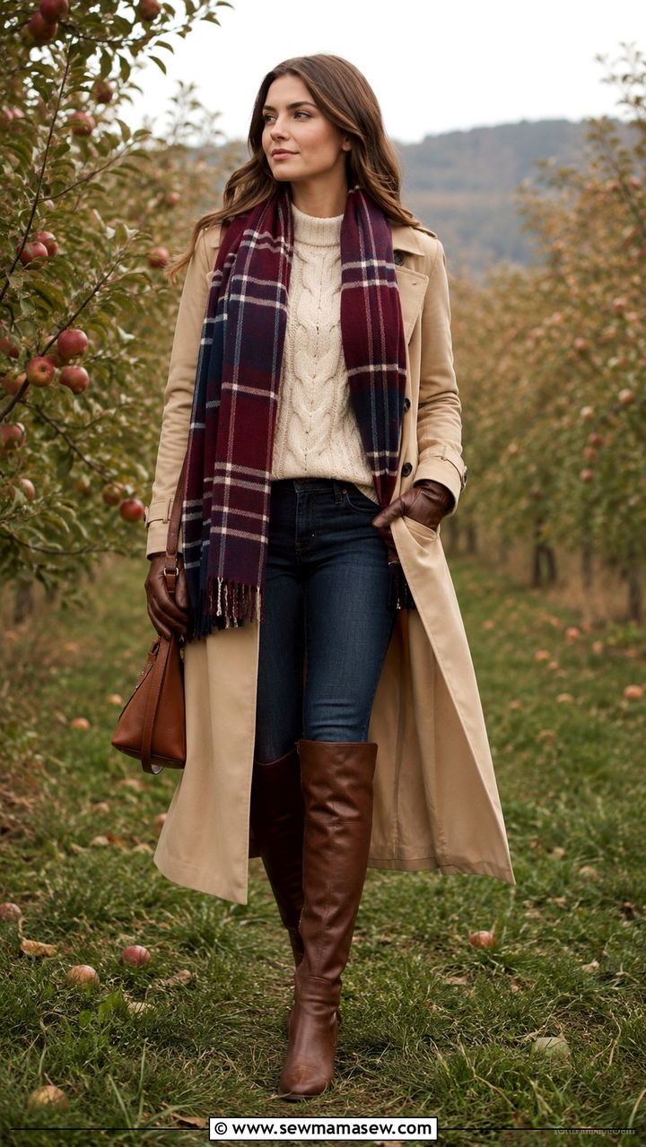Long Trench Coat with Cable Knit Sweater and Plaid Scarf - 30 Long trench coat outfit ideas with a sweater