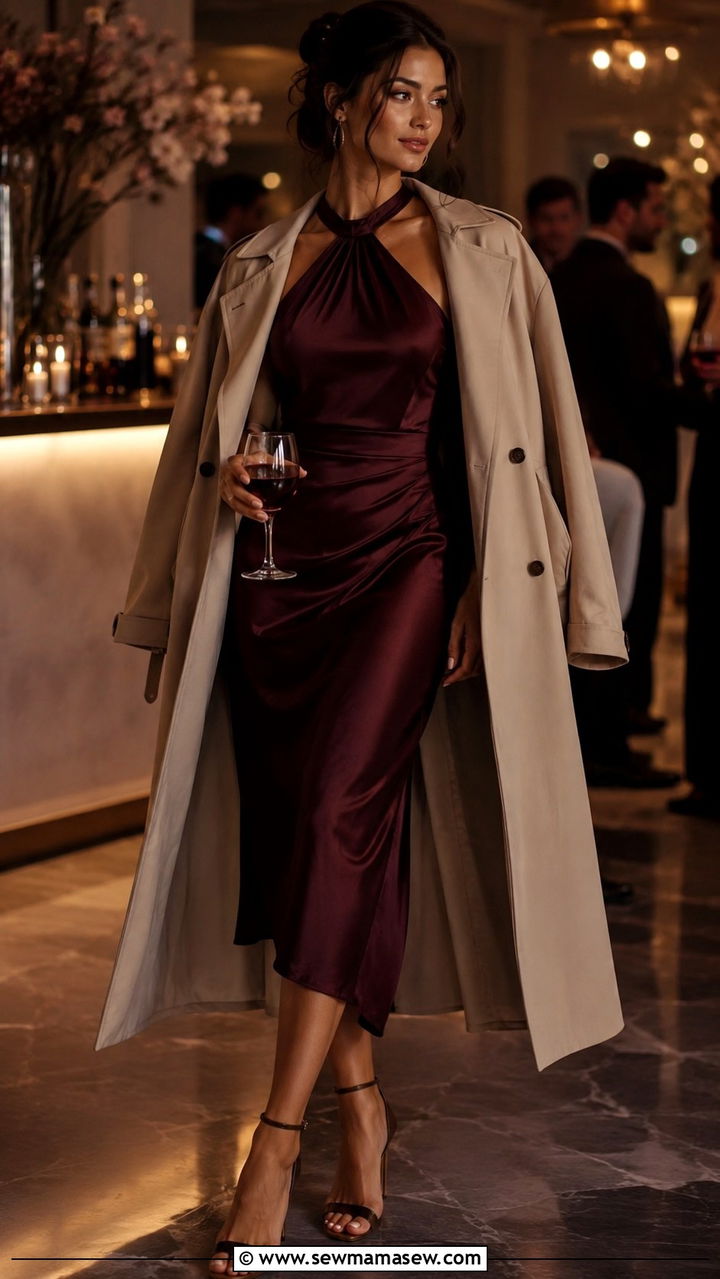 Long Trench Coat with Halter Neck Dress and Heeled Sandals - 30 Long trench coat outfit ideas with a dress