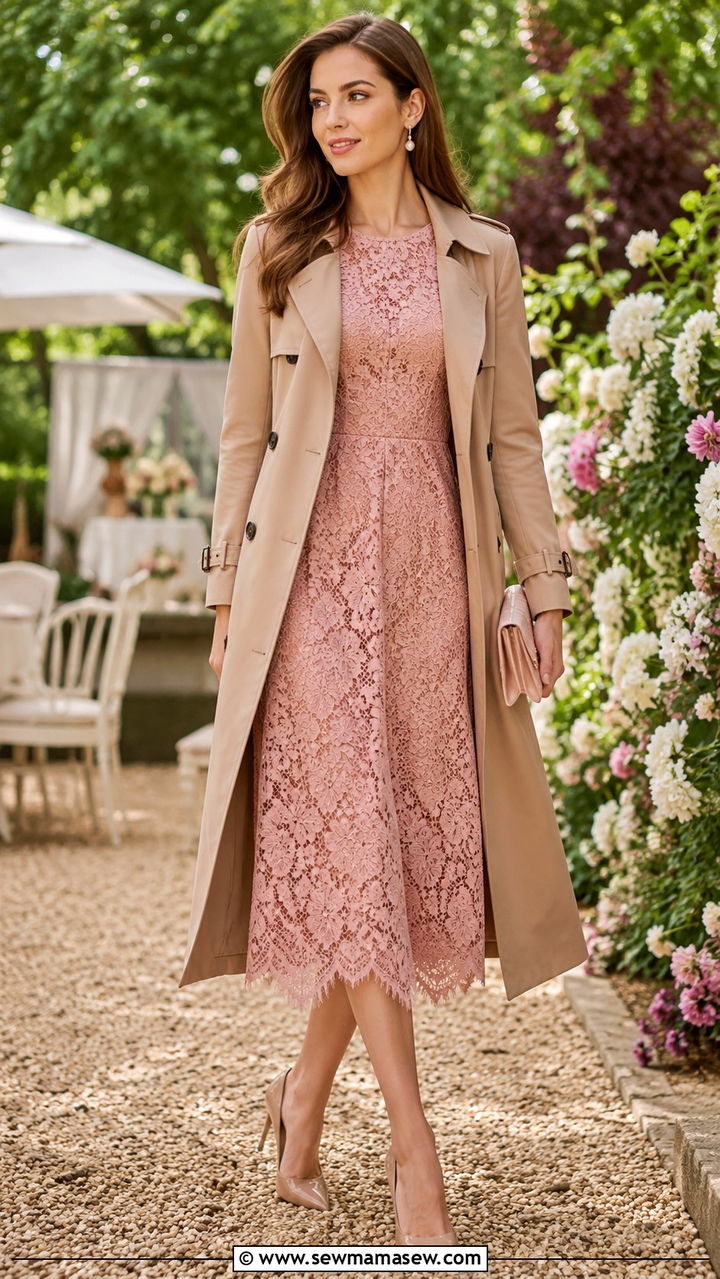 Long Trench Coat with Lace Midi Dress and Heels - 30 Long trench coat outfit ideas with a dress