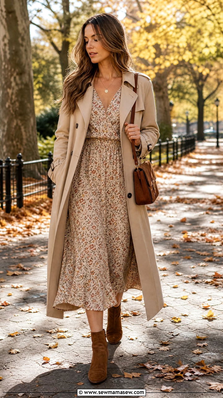 Long Trench Coat with Midi Dress and Ankle Boots - 35 Long coat outfit ideas