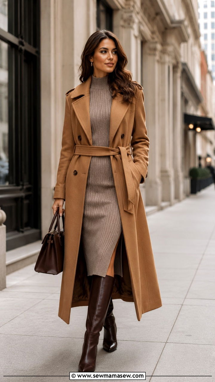 Long Trench Coat with Ribbed Knit Dress and Knee High Boots - 30 Long trench coat outfit ideas with a dress