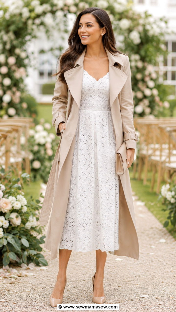 Long Trench Coat with White Midi Dress and Pumps - 30 Long trench coat outfit ideas with a dress