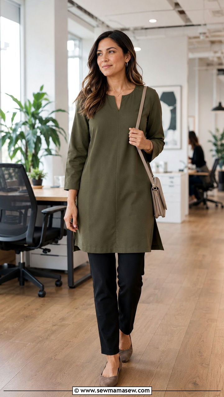 Long Tunic Top with Straight Leg Pants - 30 Modest outfit ideas for working mom