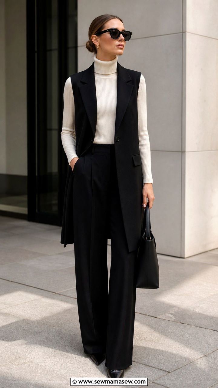 Long Vest with Turtleneck and Wide Leg Trousers - 40 cute jacket outfits