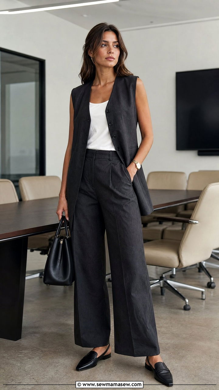 Long Vest with Wide Leg Trousers and Slingback Loafers - 30 summer dark academia outfits