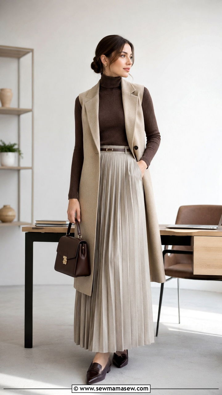 Long Waistcoat With Pleated Skirt - 30 Modest outfit ideas with long skirt