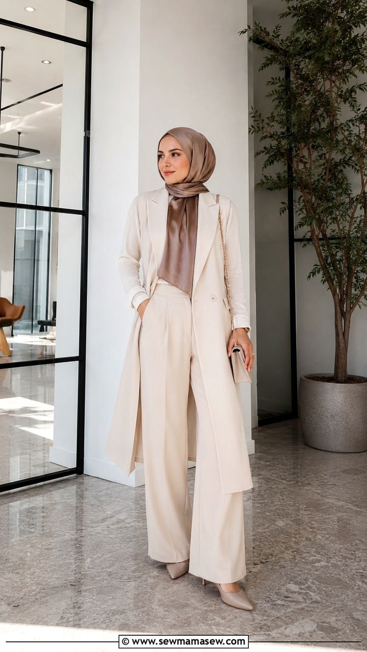 Long Waistcoat with Wide Leg Trousers and Heels - 25 work outfits for hijab women