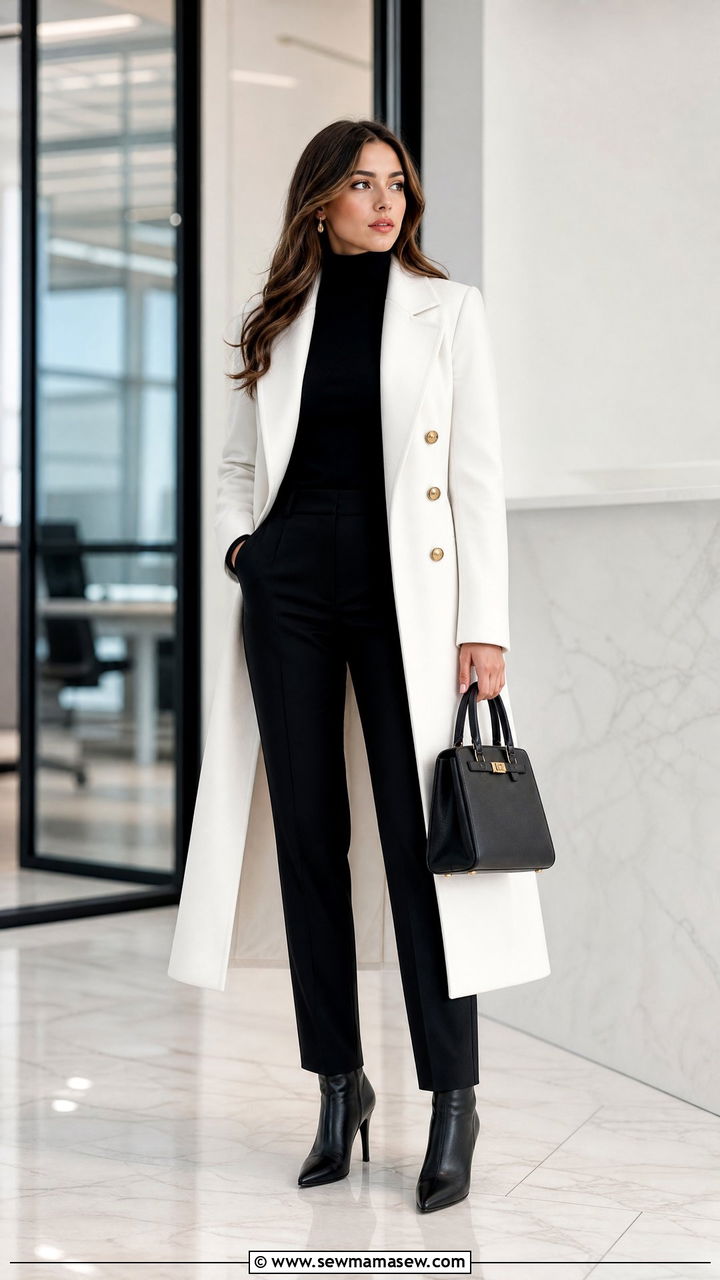 Long White Coat with Black Turtleneck and Black Trousers - 35 Long coat outfit ideas