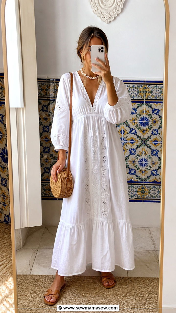 Long White Cotton Dress with Woven Accessories - 40 What to wear in Lisbon