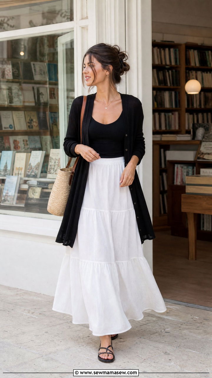 Long White Flowy Skirt with Black Cardigan - 25 outfit ideas for modest women