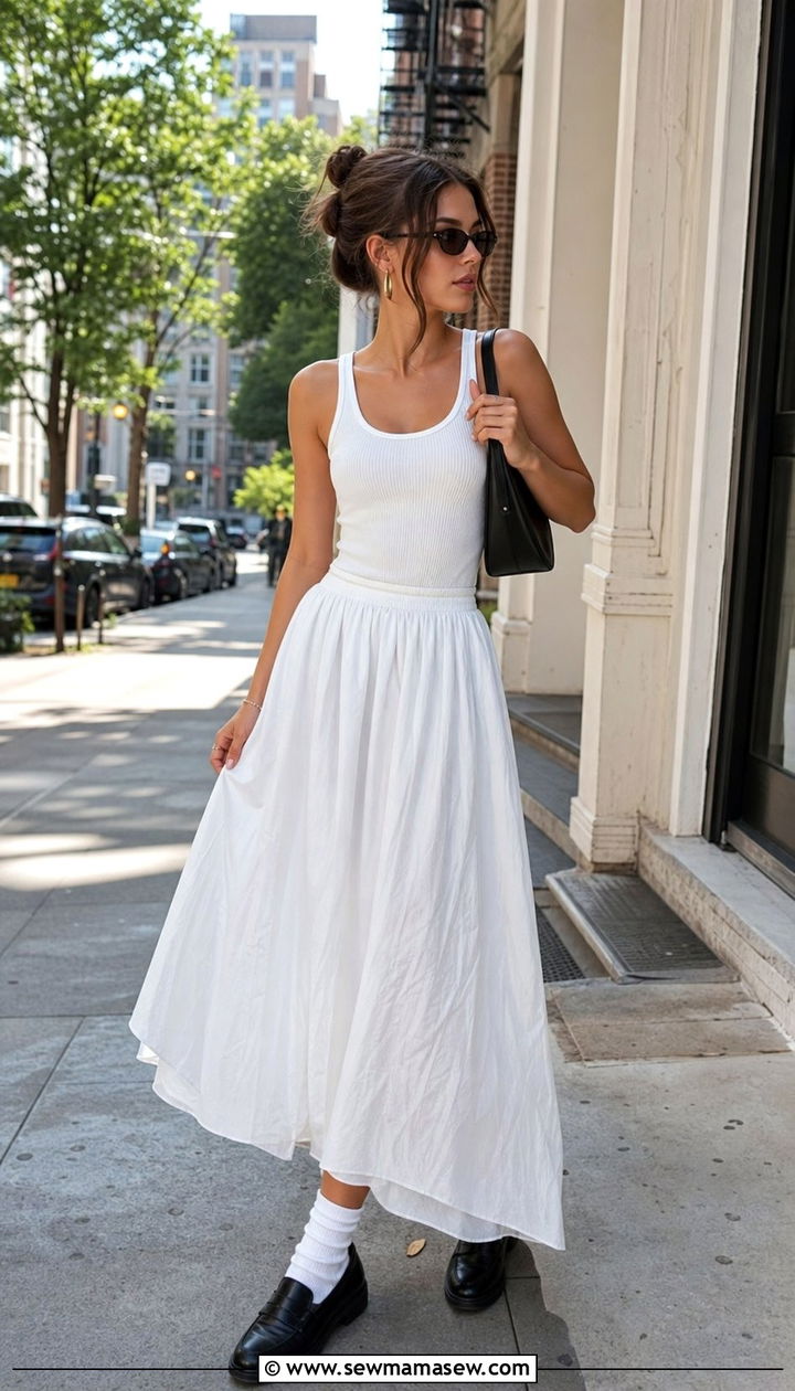 Long White Maxi Skirt With Tank Top and Loafers - 25 Emma Chamberlain summer outfit ideas