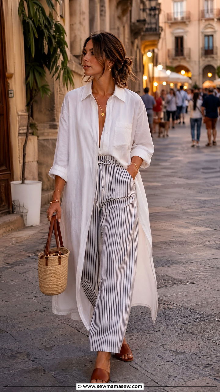 Long White Shirt Dress Over Striped Wide Leg Trousers - 35 European summer outfits to copy