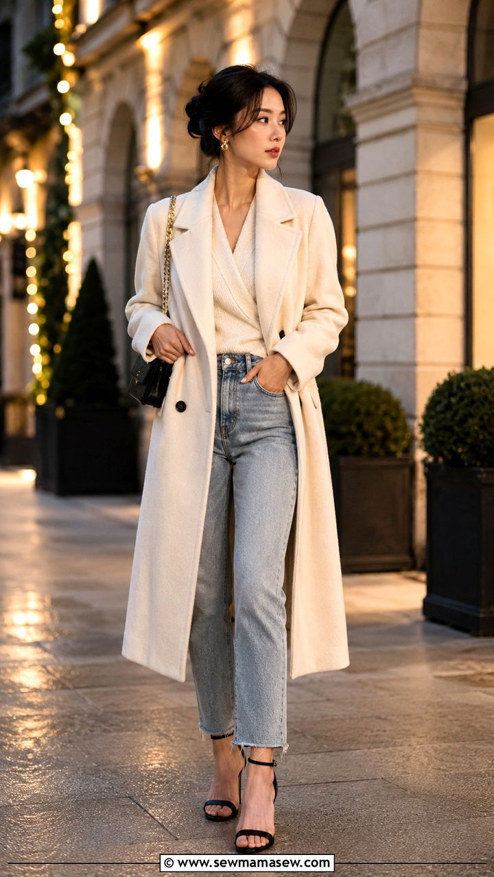 Long Wool Blend Trench With Raw Hem Jeans and Ankle Strap Heels - 30 Long trench coat outfit ideas with jeans
