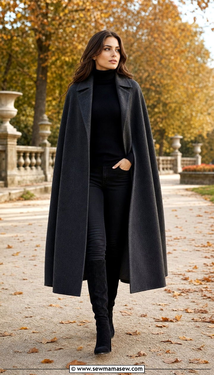Long Wool Cape With Knee High Boots - 35 Cape outfit ideas