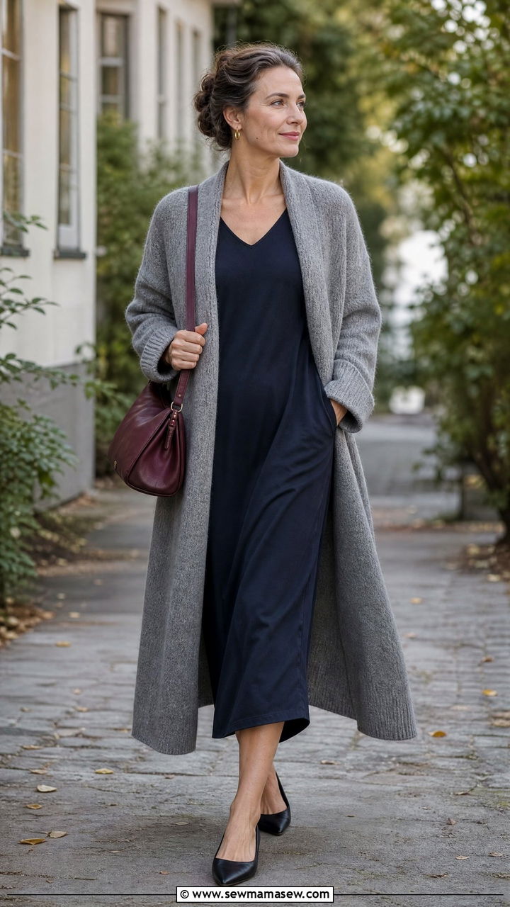 Long Wool Cardigan Over a Simple Midi Dress - 30 scandinavian outfit ideas for women over 40