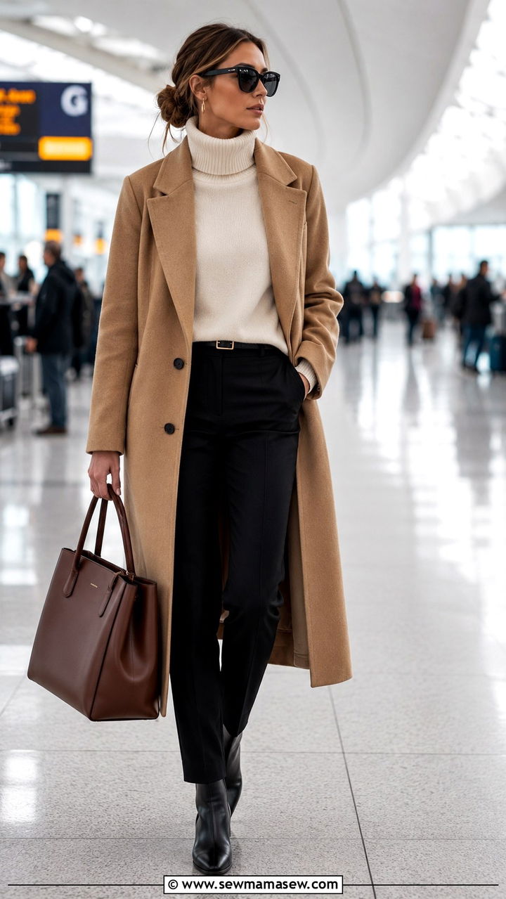Long Wool Coat And Cashmere Sweater Winter Travel Outfit - 25 seasonal travel outfit ideas