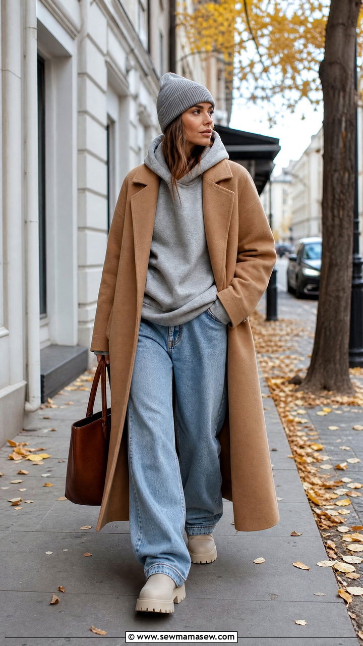 Long Wool Coat Over A Hoodie With Baggy Jeans And Boots - 30 streetwear outfits ideas