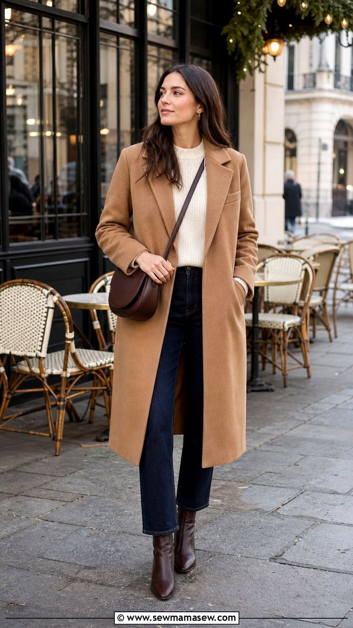 Long Wool Coat Over A Sweater And Jeans - 40 Brunch outfit ideas