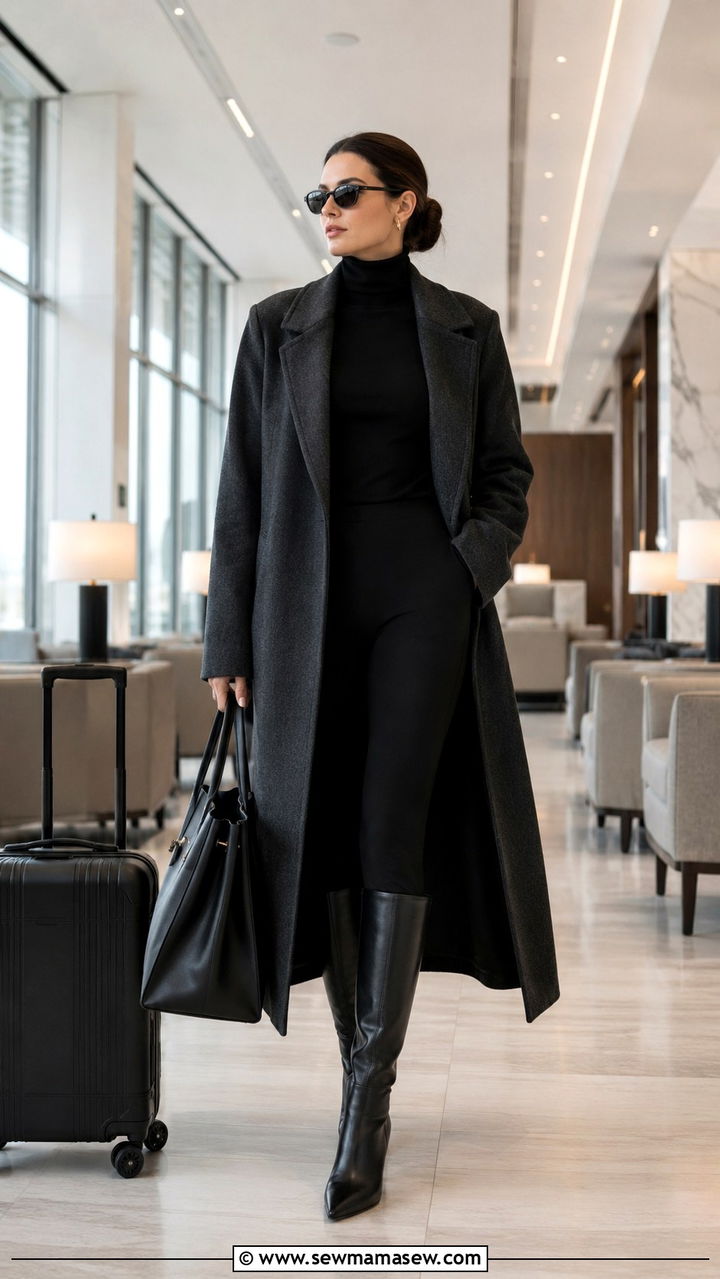 Long Wool Coat Over Black Turtleneck and Black Leggings - 30 Old money outfit ideas for airport