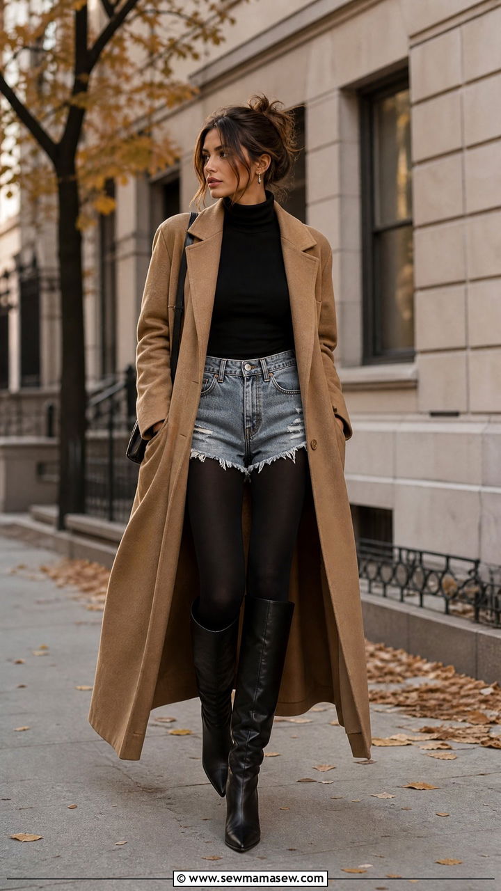 Long Wool Coat Over Distressed Denim Shorts - 25 classy grunge outfit ideas