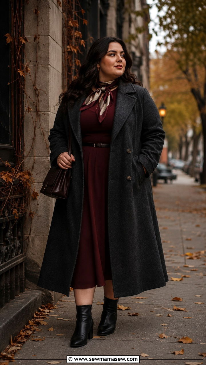 Long Wool Coat Over Midi Dress With Ankle Boots - 20 Dark academia outfits for curvy women